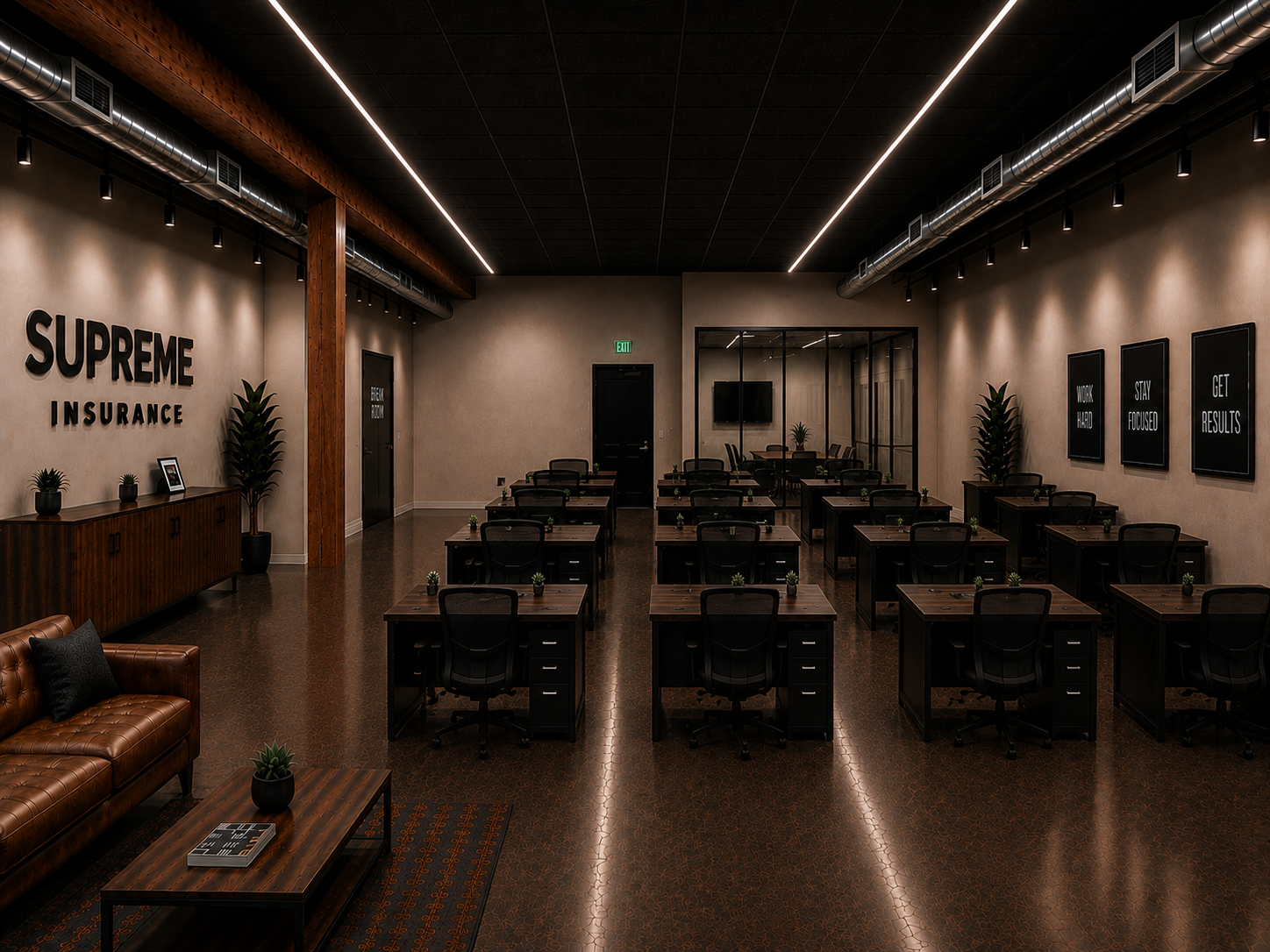 Agent workstations inside the Supreme Insurance Agency office